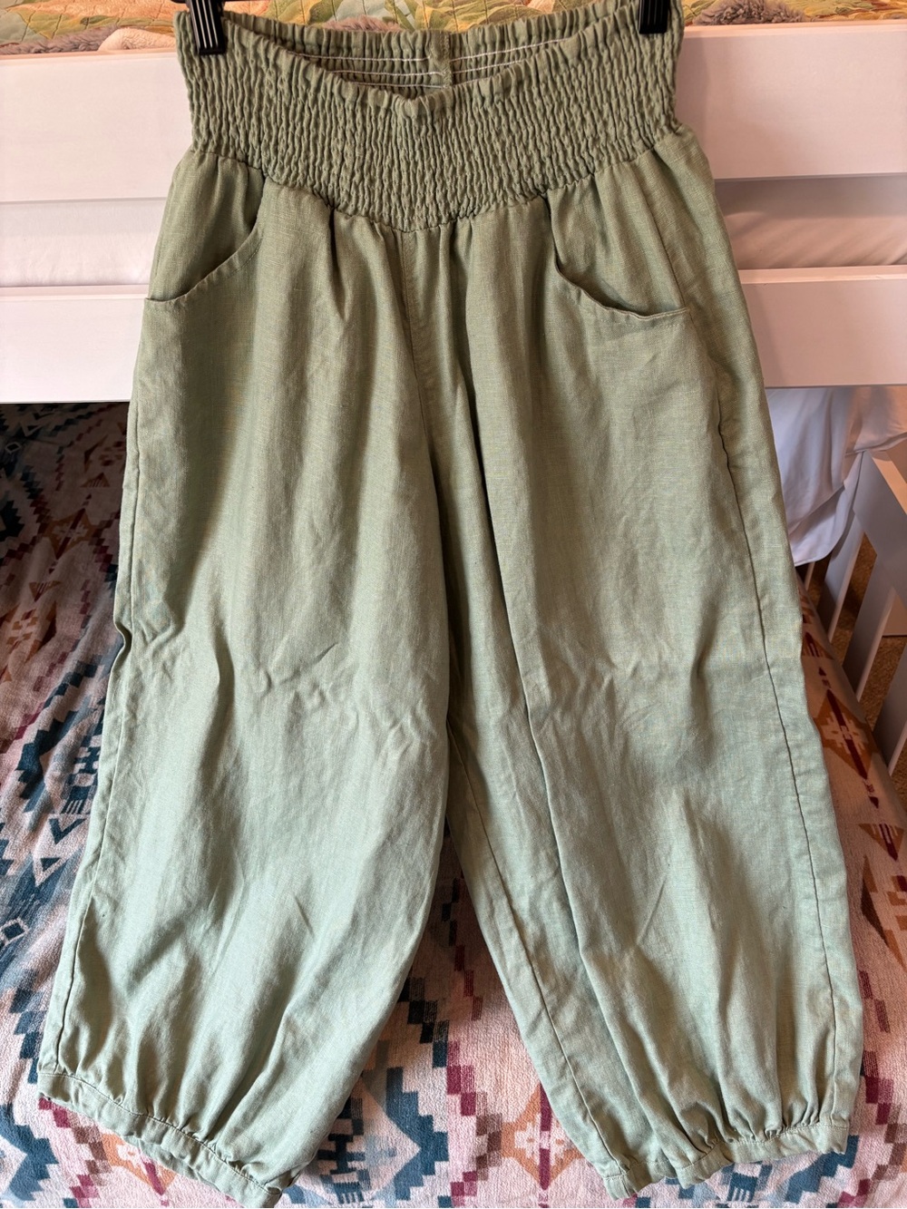 Nomad Sage Green Smocked Waist Sadhu French Linen Pants